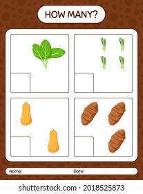 How many counting game with vegetables. worksheet for preschool kids, kids activity sheet, printable worksheet