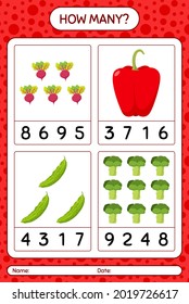 How many counting game with vegetables. worksheet for preschool kids, kids activity sheet, printable worksheet