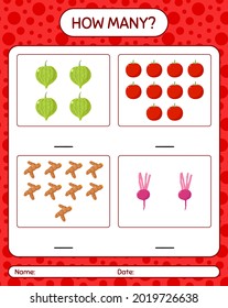 How many counting game with vegetables. worksheet for preschool kids, kids activity sheet, printable worksheet