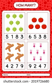 How many counting game with vegetables. worksheet for preschool kids, kids activity sheet, printable worksheet