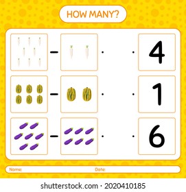 How many counting game with vegetables. worksheet for preschool kids, kids activity sheet, printable worksheet