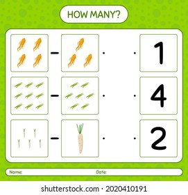 How many counting game with vegetables. worksheet for preschool kids, kids activity sheet, printable worksheet