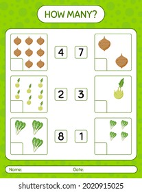 How many counting game with vegetables. worksheet for preschool kids, kids activity sheet, printable worksheet