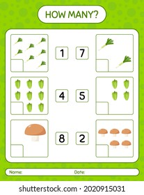 How many counting game with vegetables. worksheet for preschool kids, kids activity sheet, printable worksheet
