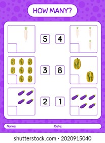 How many counting game with vegetables. worksheet for preschool kids, kids activity sheet, printable worksheet