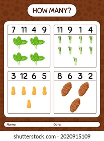 How many counting game with vegetables. worksheet for preschool kids, kids activity sheet, printable worksheet