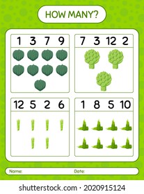 How many counting game with vegetables. worksheet for preschool kids, kids activity sheet, printable worksheet