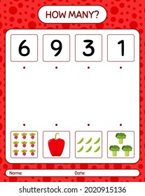 ¿Cuántos cuentan el juego con las verduras? hoja de trabajo para niños de preescolar, hoja de actividades para niños, hoja de trabajo imprimible