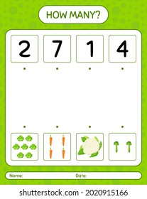 How many counting game with vegetables. worksheet for preschool kids, kids activity sheet, printable worksheet