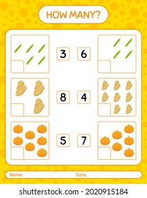 How many counting game with vegetables. worksheet for preschool kids, kids activity sheet, printable worksheet