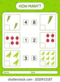How many counting game with vegetables. worksheet for preschool kids, kids activity sheet, printable worksheet