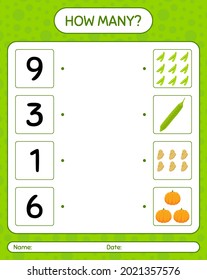 Wie viele zählen Spiel mit Gemüse. Arbeitsblatt für Vorschulkinder, Kinderaktivitätsblatt, ausdruckbares Arbeitsblatt