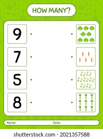 Wie viele zählen Spiel mit Gemüse. Arbeitsblatt für Vorschulkinder, Kinderaktivitätsblatt, ausdruckbares Arbeitsblatt