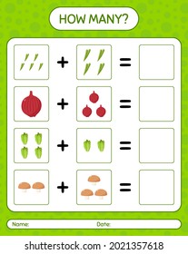How many counting game with vegetables. worksheet for preschool kids, kids activity sheet, printable worksheet