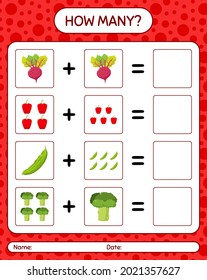 Wie viele zählen Spiel mit Gemüse. Arbeitsblatt für Vorschulkinder, Kinderaktivitätsblatt, ausdruckbares Arbeitsblatt