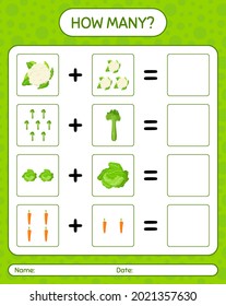 How many counting game with vegetables. worksheet for preschool kids, kids activity sheet, printable worksheet