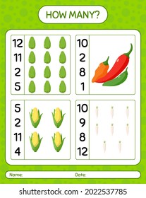 How many counting game with vegetables. worksheet for preschool kids, kids activity sheet, printable worksheet