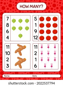 How many counting game with vegetables. worksheet for preschool kids, kids activity sheet, printable worksheet