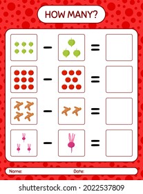 How many counting game with vegetables. worksheet for preschool kids, kids activity sheet, printable worksheet