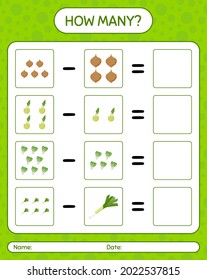 ¿Cuántos cuentan el juego con las verduras? hoja de trabajo para niños de preescolar, hoja de actividades para niños, hoja de trabajo imprimible