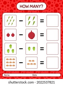 How many counting game with vegetables. worksheet for preschool kids, kids activity sheet, printable worksheet