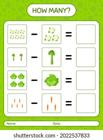 How many counting game with vegetables. worksheet for preschool kids, kids activity sheet, printable worksheet