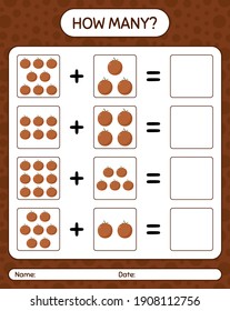 Wie viele zählen Spiel Samtapfel. Arbeitsblatt für Vorschulkinder, Kinderaktivitätsblatt, ausdruckbares Arbeitsblatt