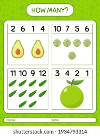 How many counting game watermelon, cucumber, avocado. worksheet for preschool kids, kids activity sheet, printable worksheet