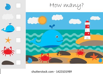 How many counting game, whale and lighthouse for kids, educational maths task for the development of logical thinking, preschool worksheet activity, count and write the result, vector illustration