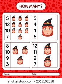 How many counting game with witch. worksheet for preschool kids, kids activity sheet