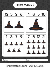 How many counting game with witch's hat. worksheet for preschool kids, kids activity sheet