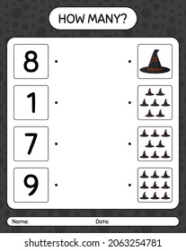 How many counting game with witch's hat. worksheet for preschool kids, kids activity sheet