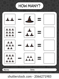 How many counting game with witch's hat. worksheet for preschool kids, kids activity sheet