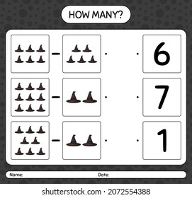 How many counting game with witch's hat. worksheet for preschool kids, kids activity sheet