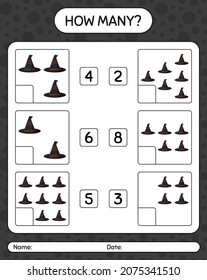 How many counting game with witch's hat. worksheet for preschool kids, kids activity sheet