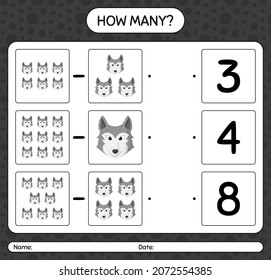 How many counting game with wolf. worksheet for preschool kids, kids activity sheet