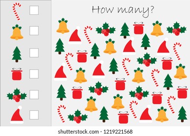 How many counting game with xmas pictures for kids, educational maths task for the development of logical thinking, preschool worksheet activity, count and write the result, vector illustration