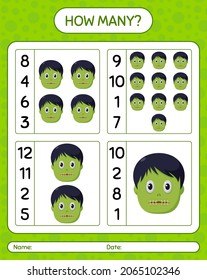 Wie viele zählen Spiel mit Zombie. Arbeitsblatt für Vorschulkinder, Kinderaktivität