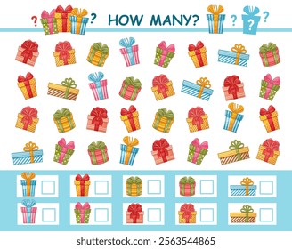 How many counting holiday present gift boxes. Children math education puzzle game. Mathematics calculation number festive cardboard surprise packaging. Kid preschool learning logical worksheet. Vector