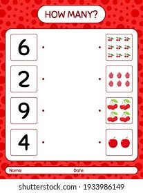 How many counting redberry, rose apple, strawberry, ugni. worksheet for preschool kids, kids activity sheet, printable worksheet