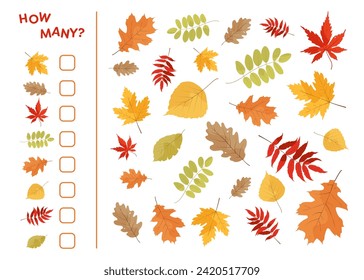 How many, counting task with colorful autumn leaves. Children logic. Education kid in kindergarten, preschool, school. Mathematics puzzle.   Math game for kids. Printable worksheet for preschoolers