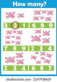 How many crabs.Preschool Counting Activities. Printable worksheet. Educational game for children, kids preschool age. Mathematics task. Learning mathematics, numbers.Tasks for addition.
