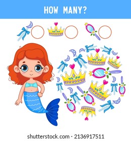 How many crowns, mirrors and magic wands lie next to a cute little mermaid girl. Counting educational children's game, children's math worksheet. Cartoon color vector illustration.