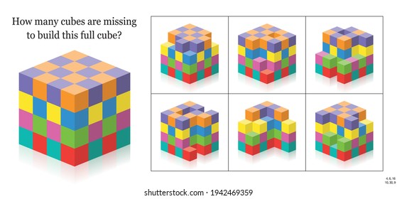 How many cubes are missing to build a full cube? 3d spatial perception exercise. Colorful game to count the gaps, holes, blanks. Solution at the bottom. Vector illustration on white.
