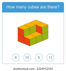 How many cubes are there brain test. Education logic game for preschool kids. Kids activity sheet. Count the number of cubes. Children funny riddle entertainment. Vector illustration