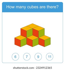 How many cubes are there brain test. Education logic game for preschool kids. Kids activity sheet. Count the number of cubes. Children funny riddle entertainment. Vector illustration