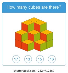 How many cubes are there brain test. Education logic game for preschool kids. Kids activity sheet. Count the number of cubes. Children funny riddle entertainment. Vector illustration