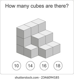 How many cubes are there brain test. Education logic game for preschool kids. Kids activity sheet. Count the number of cubes. Children funny riddle entertainment. Black and white Vector illustration
