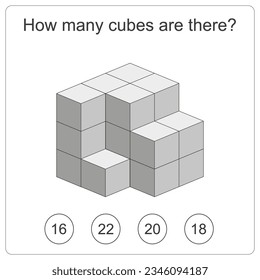 How many cubes are there brain test. Education logic game for preschool kids. Kids activity sheet. Count the number of cubes. Children funny riddle entertainment. Black and white Vector illustration
