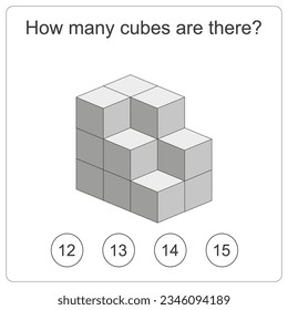 How many cubes are there brain test. Education logic game for preschool kids. Kids activity sheet. Count the number of cubes. Children funny riddle entertainment. Black and white Vector illustration
